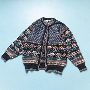 VINTAGE Jason Maxwell Floral Stripe Chunky Crewneck Cardigan Sweater Size Large